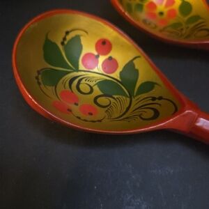 Pair Vintage '80s Russian USSR Wooden Khokhloma Painted Spoons Still Tagged 1984